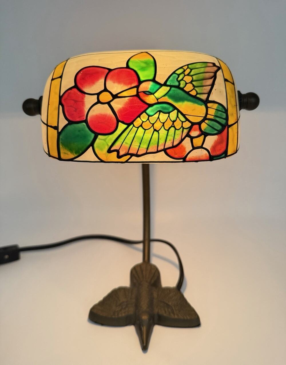 Tiffany Style Boudoir Hummingbird Faux Stained Glass Bankers Lamp 10” Vintage